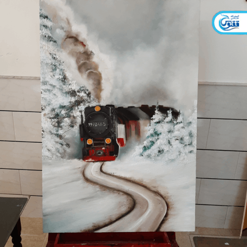 نمونه کار نقاشی رنگ و روغن طرح قطار در برف