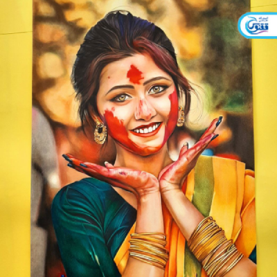 نمونه کار مداد رنگی طرح چهره خانم هندی